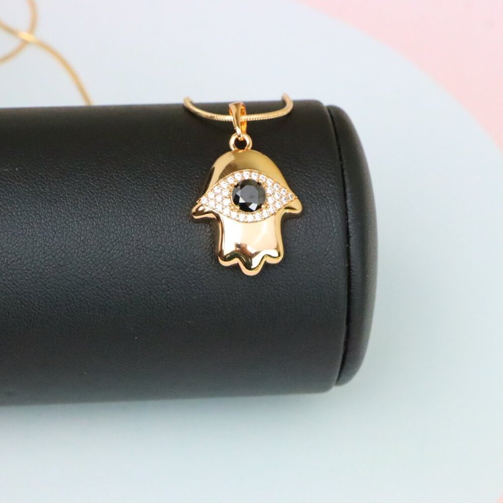 "Black Evil Eye Hamsa Pendant in Gold Plated Brass – Bold  Amulet, XPPT1756 - Picture 6 of 13
